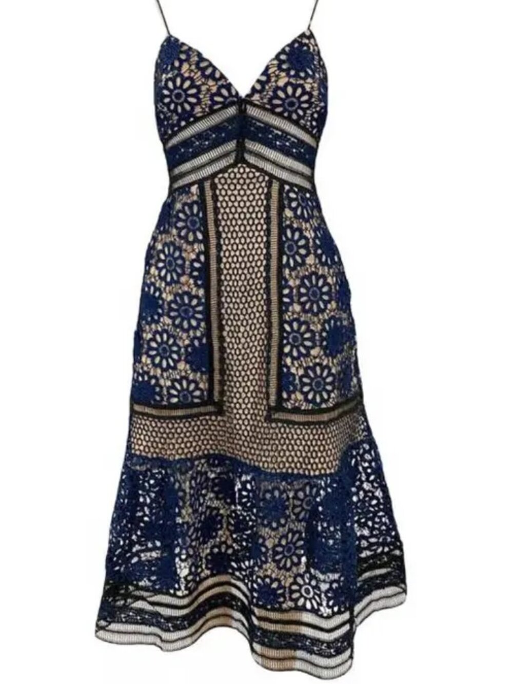SELF-PORTRAIT Guipure Lace Midi Dress Size 0 Blue Nude Crochet A Line Party Wedd - Picture 3 of 15